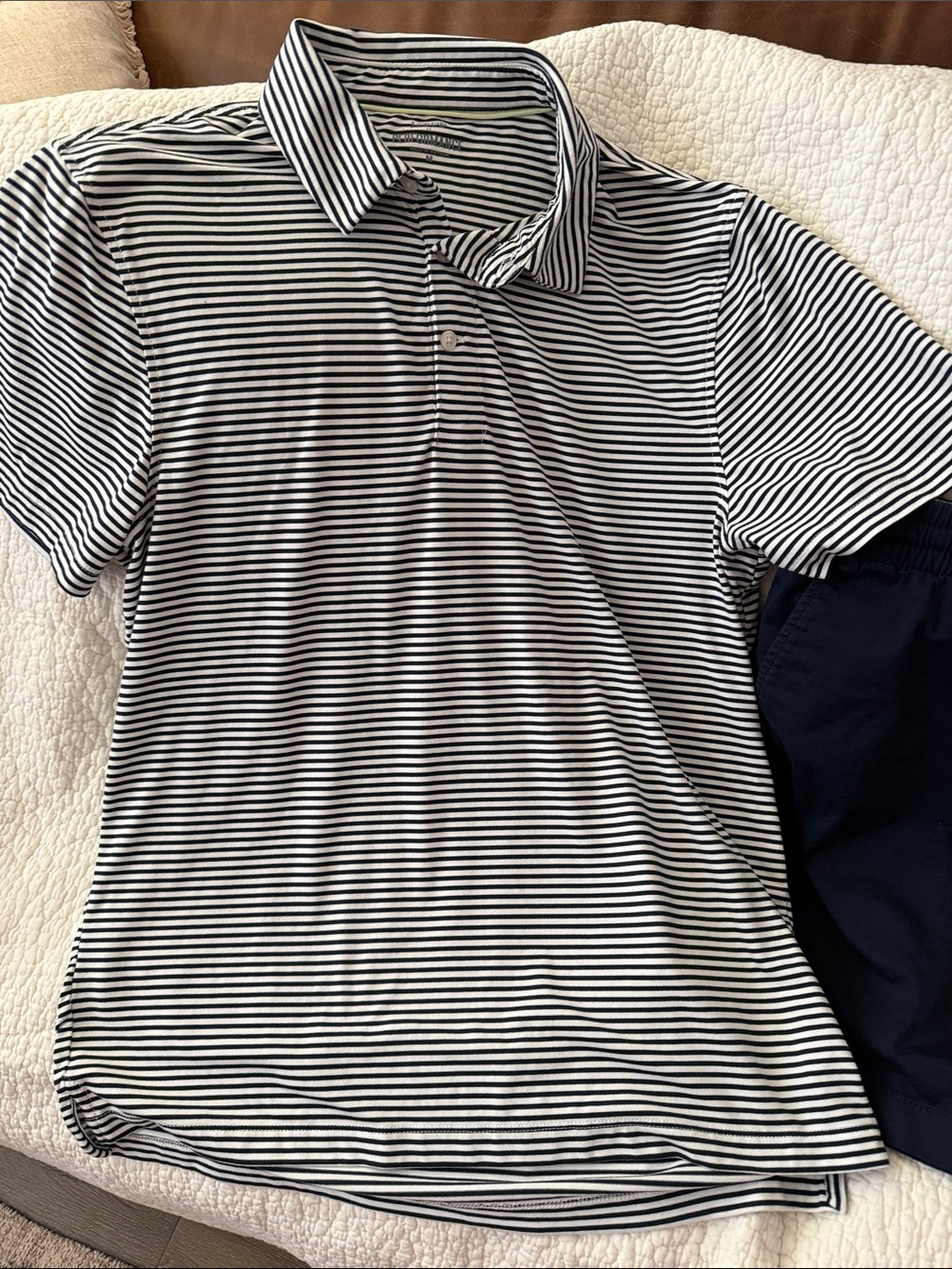 J. Crew Navy Drawstring Flat Front Shorts with White Cord and Navy Striped Polo - Picture 2 of 5